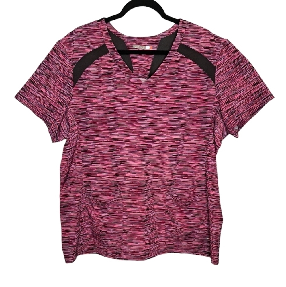 LITE TECH • 2XL • V-neck Womens Scrub Top •2 Pockets• Stretchy •Pink/Black•EUC•